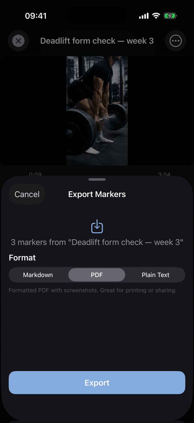 Export sheet with PDF, Markdown and Text options
