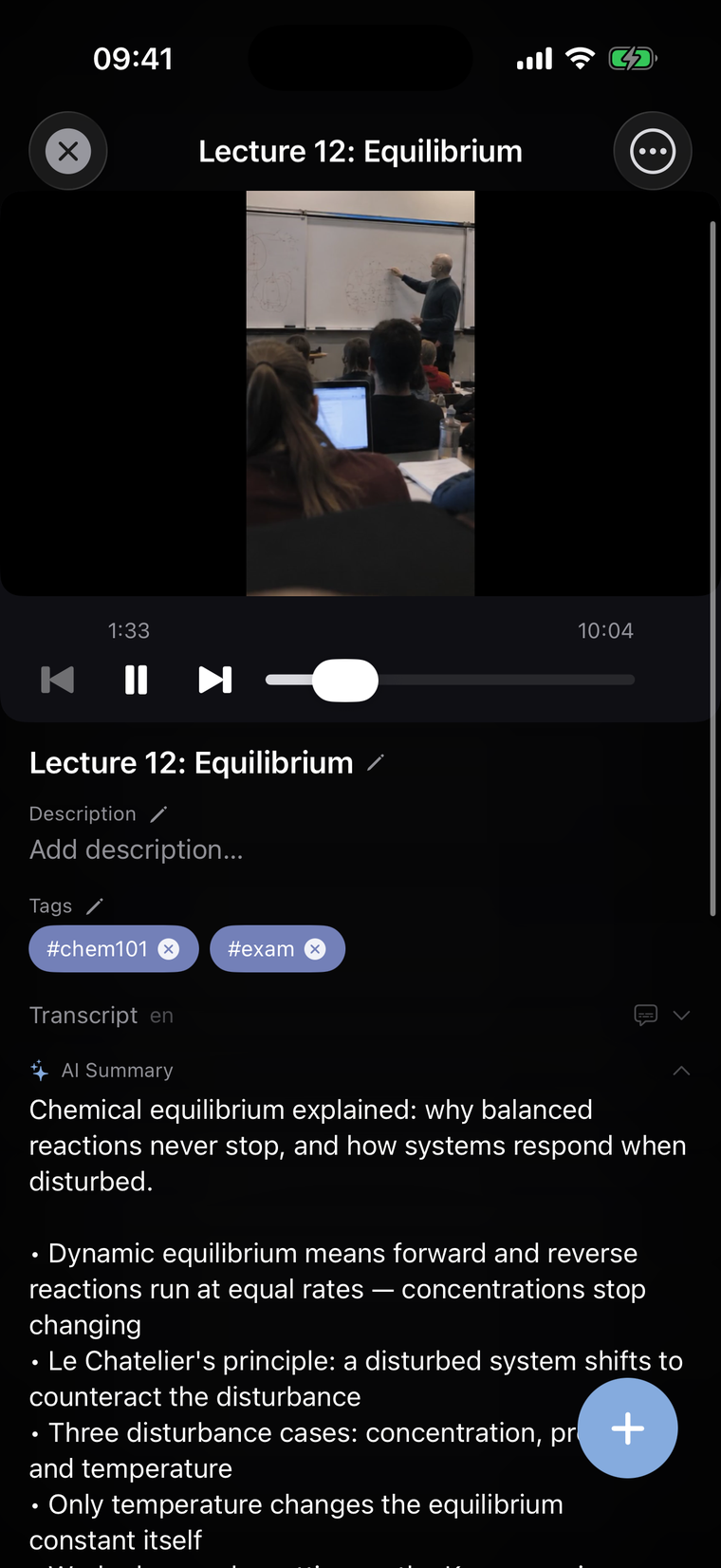 Lecture video with the transcript panel expanded and an AI summary